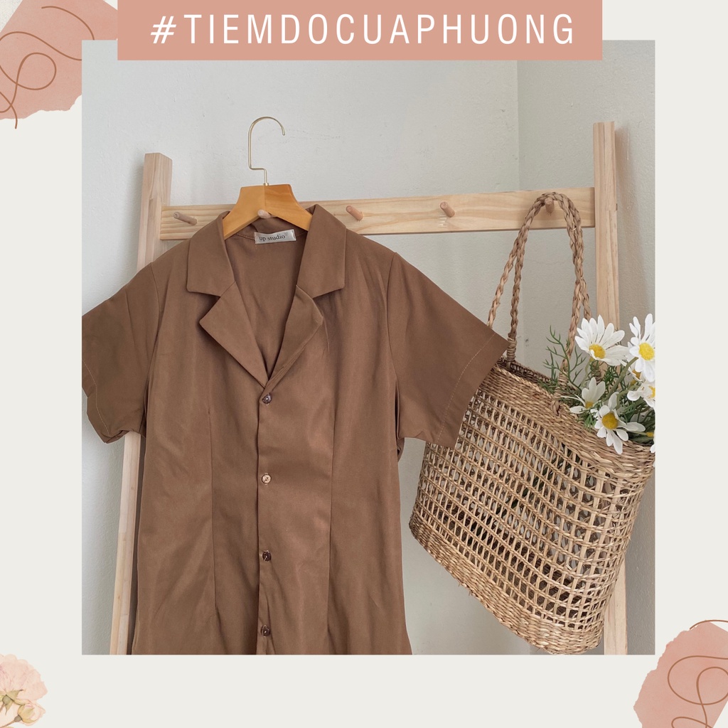 Váy/đầm sơ mi cổ vest dáng suông chất kaki mềm có chun lưng