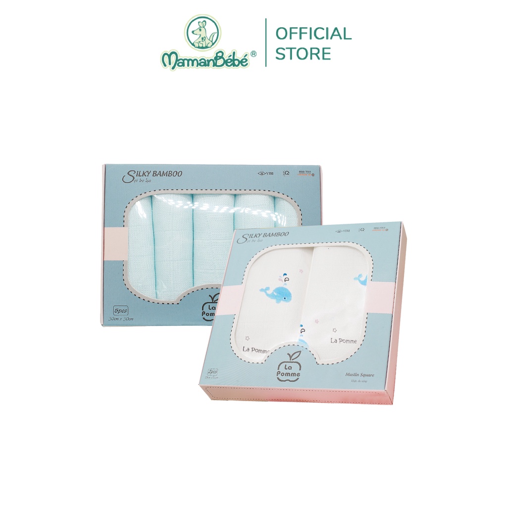 Combo K001 sét 5 khăn (30x30cm) màu Xanh Pastel &amp; K002 sét 2 khăn (75x75cm) Họa tiết la pomme