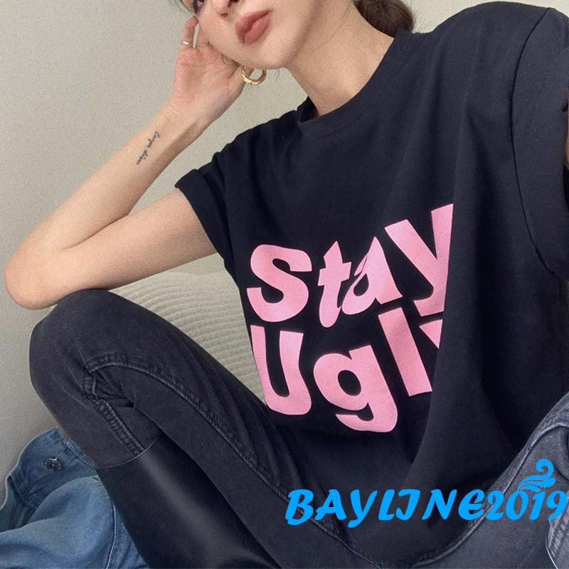 BAY-Women Short Sleeve T-shirts Letter Print Summer Loose Casual Pullover Tops Blouse Streetwear