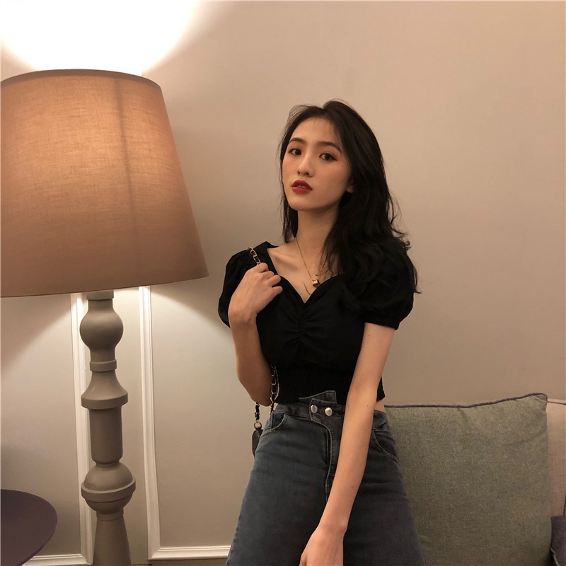 SUXI Áo nữ tay ngắn màu trơn phong cách retro Hàn Quốc