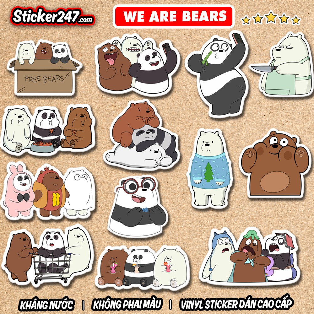 Sticker We Bare Bears 🌈𝑭𝒓𝒆𝒆𝒔𝒉𝒊𝒑 chống nước sticker dán laptop, điện thoại, đàn guitar, dán mũ bảo hiểm, vali, ipad