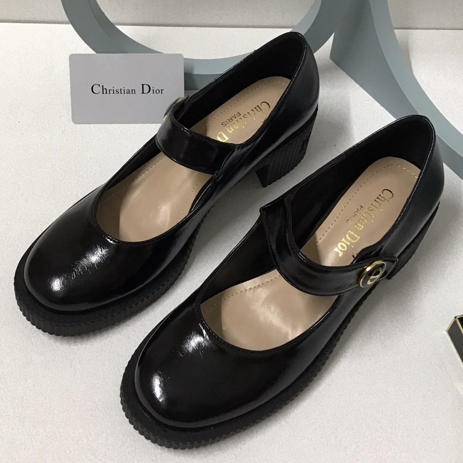 DIOR Giày búp bê da bò mũi tròn gót dày màu đen phong cách Mary Jane 2021