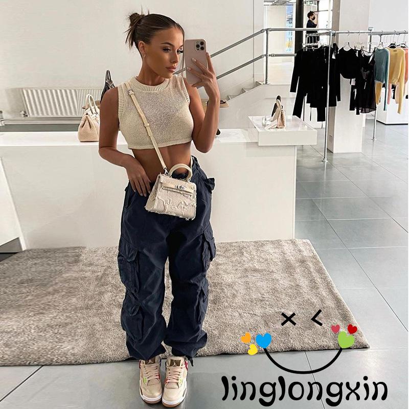 Quần Baggy Ống Rộng Lưng Thấp Màu Trơn Phong Cách Vintage Linglongxi2 Có Túi Dành Cho Nữ / Đen / Xanh Lá / Hồng