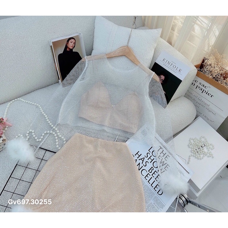 G1- set 3 món: áo ngoài, bra và váy lưới GV697