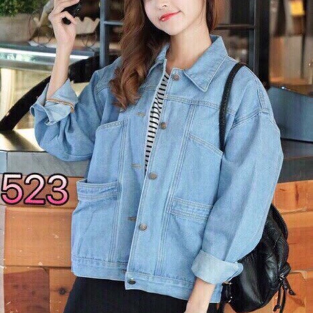 Áo Khoác Jeans Nữ 4 Túi Form Rộng màu xanh, áo khoác bò nữ dáng rộng
