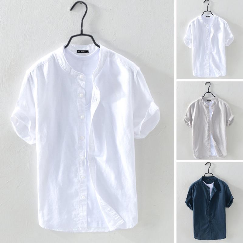 Image of Men's Linen Short Sleeve Solid Casual Button Soft Shirts