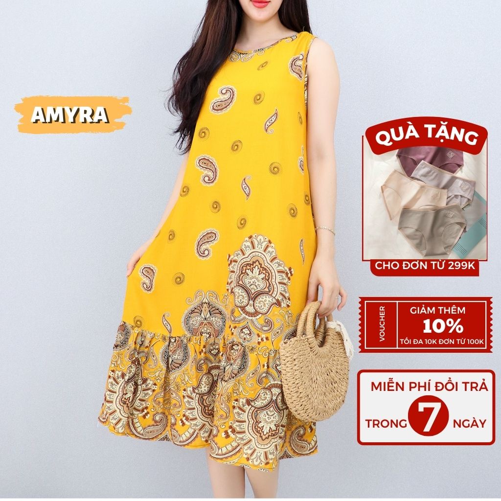 Váy mặc nhà trung niên họa tiết thổ cẩm chất lanh thái AMYRA - Đầm mặc nhà cho mẹ sát nách thoải mái thoáng mát VA123