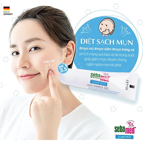 Gel Ngừa Mụn, Kháng Khuẩn Làm Mềm Da Sebamed pH5.5 CLEAR FACE ANTI-PIMPLE GEL 10ml