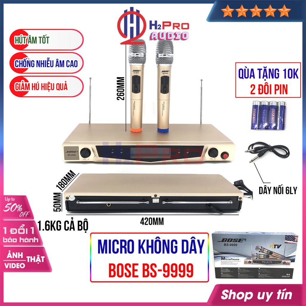 Bộ 2 Micro Không Dây, Micro Hát Karaoke BS-9999 Cao Cấp, Hút Âm Tốt, Chống Nhiễu, Giảm Hú (Tặng 2 Đôi Pin)-H2Pro Tech