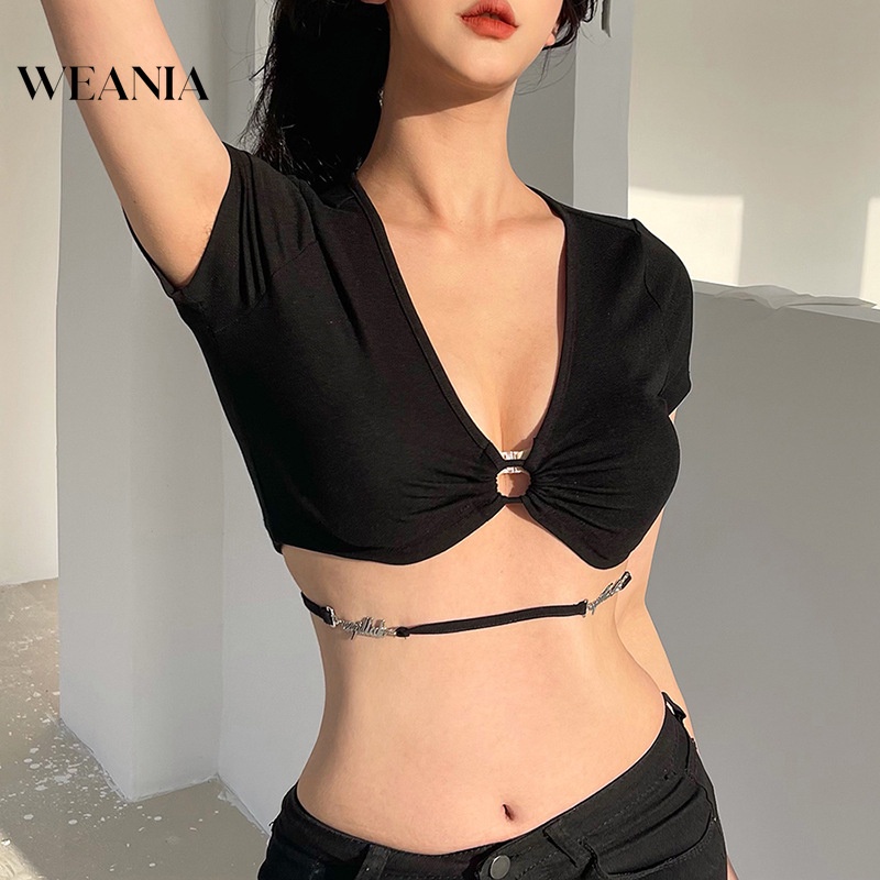 Áo Thun Crop Top Cổ Chữ V Phối Dây Cột Thời Trang Mùa Hè Cá Tính