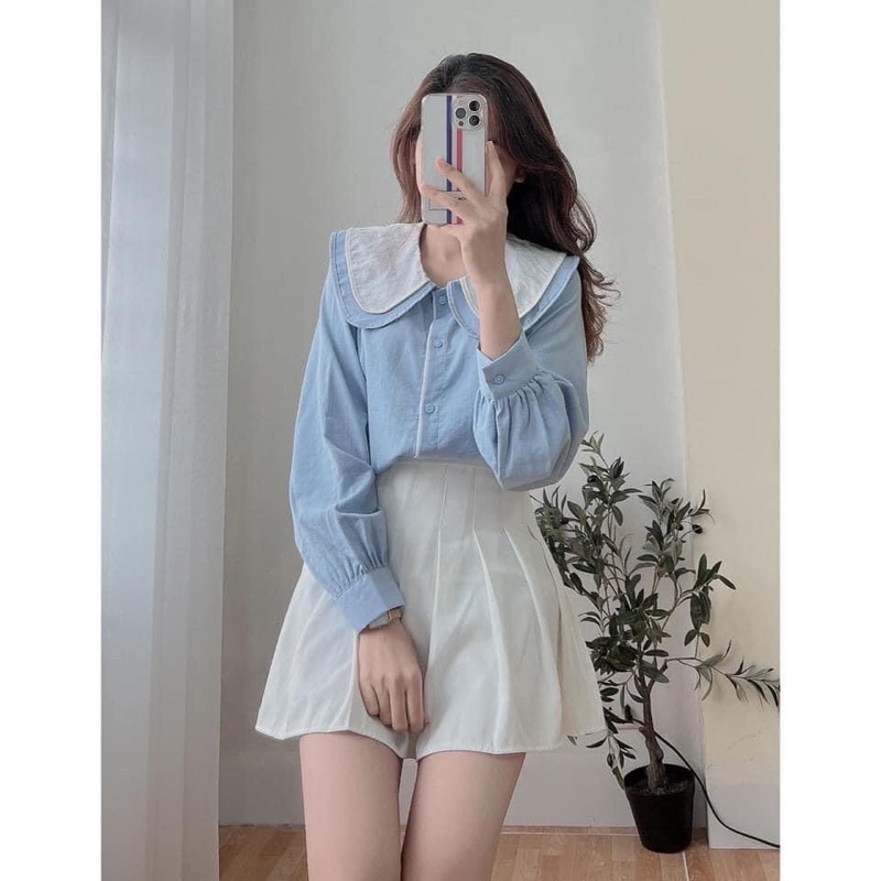 Áo kiểu nữ cổ sen 2 tầng phối màu tay bồng