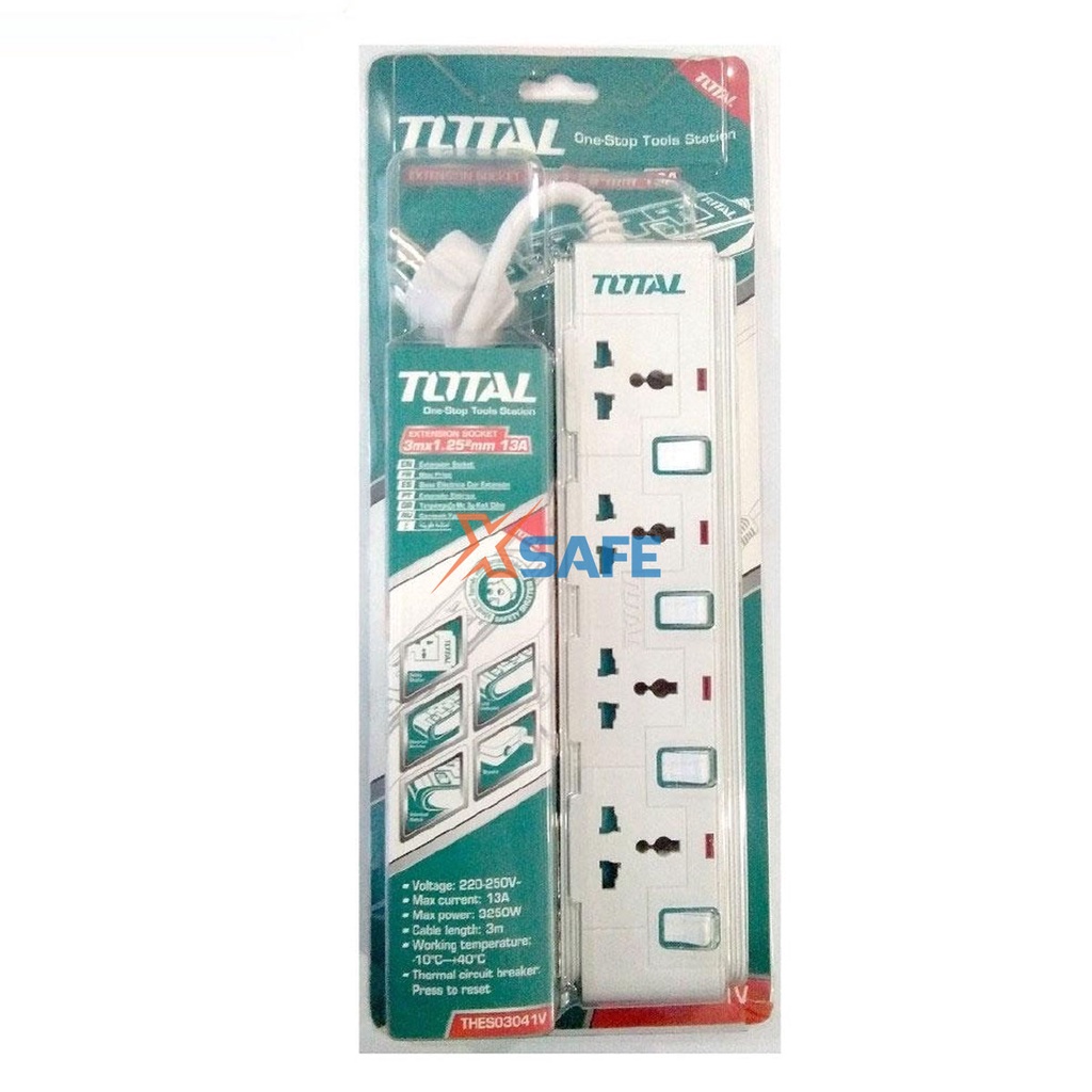 Ổ Cắm Điện Đa Năng TOTAL THES03041V 4 ổ cắm Công tắc riêng 13A tải 3250W Dây đồng 3m chống cháy, quá tải, chống giật