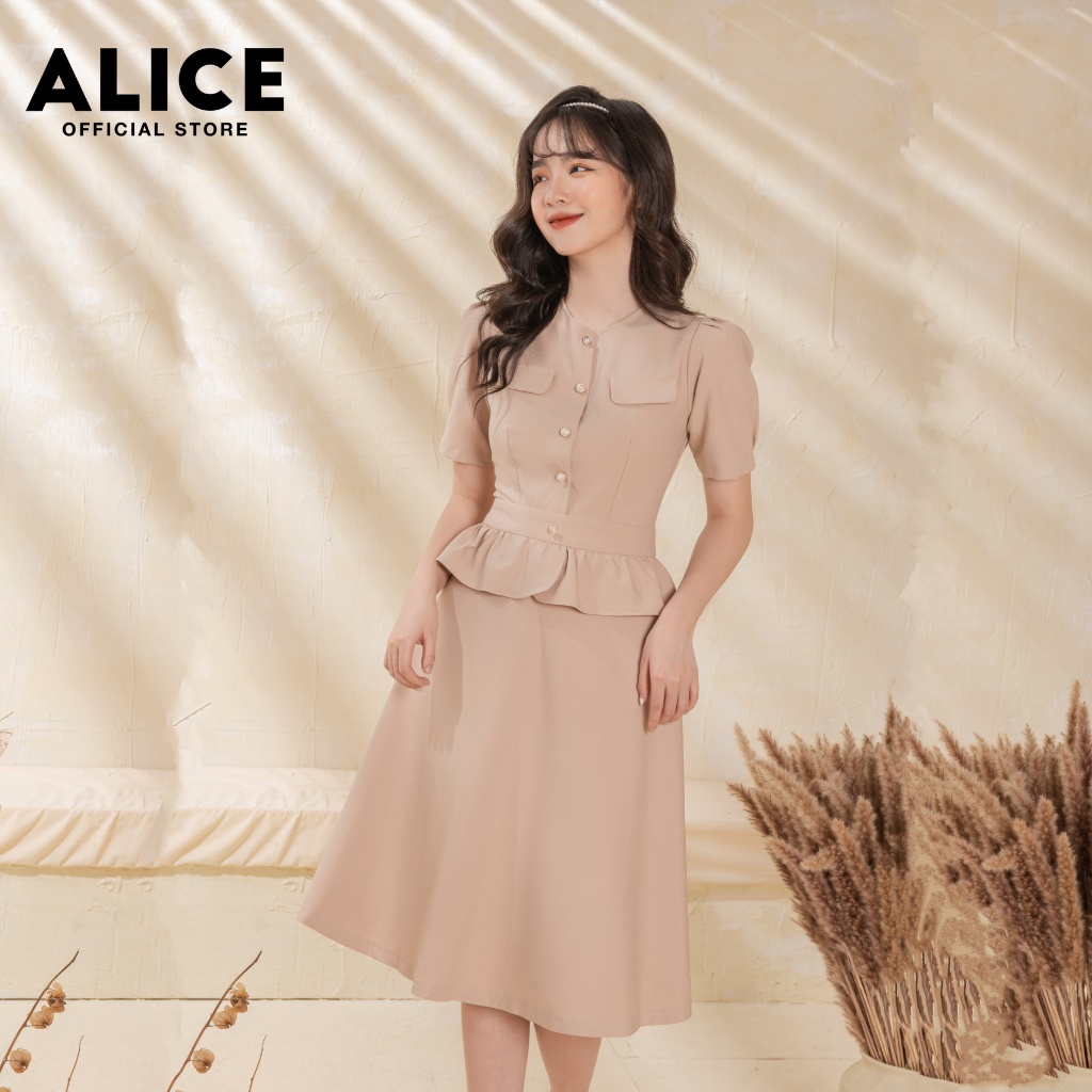 Đầm Công Sở Dáng Xòe ALICE V705, Đầm Thiết Kế Eo Bánh Bèo Dáng Sơ Mi Cổ Tròn Tay Ngắn Độc Đáo