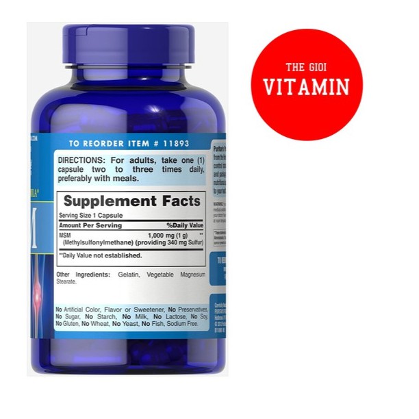 Bổ khớp, hỗ trợ giảm viêm khớp Puritan's Pride MSM 120 viên