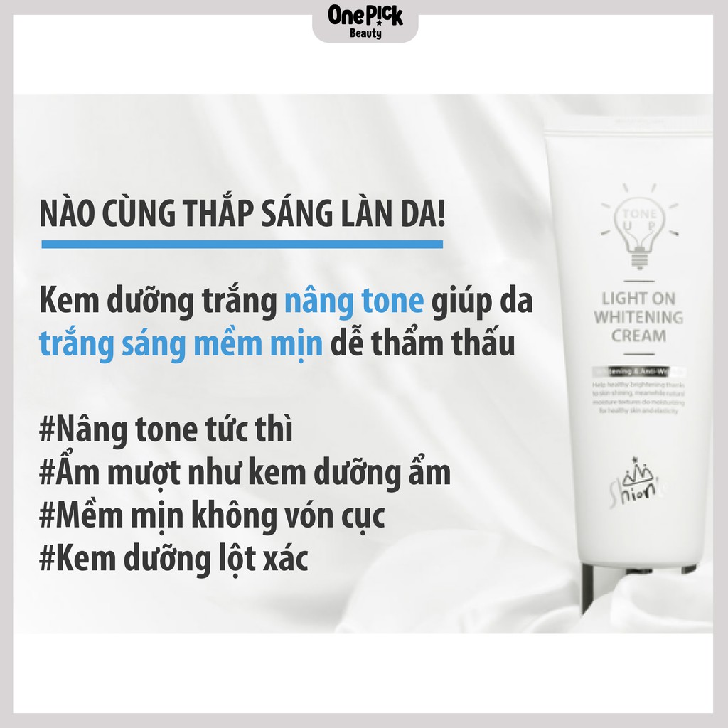 Kem dưỡng trắng da, nâng tone, dưỡng ẩm, cải thiện nếp nhăn, sáng da tự nhiên [SHIONLE Light On Whitening Tone Up Cream 100ml] | BigBuy360 - bigbuy360.vn