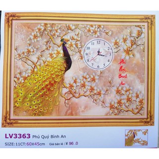 Tranh thêu chữ thập đồng hồ chim công Phú quý bình an LV3363