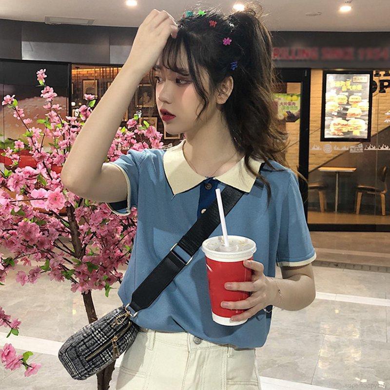 Áo thun nữ cổ sơ mi ngắn tay dáng rộng màu trơn ngọt ngào