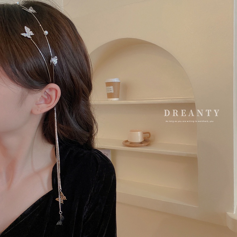 Băng Đô Cài Tóc Đính Đá Hình Bướm Tua Rua Phong Cách Mori Nhật Bản Thời Trang Cho Nữ