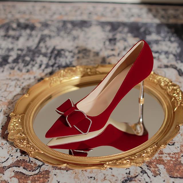 Giày Cao Gót Đính Nơ Đỏ Thời Trang Pháp Cho Cô Dâu 2022 Mới