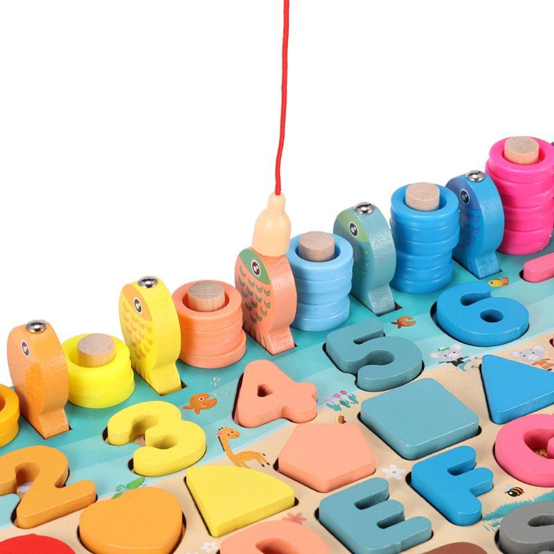 Bộ đồ chơi câu cá bảng chữ cái và ghép số học chữ số cho bé, bộ bảng số và chữ thông minh bằng gỗ Bibokids
