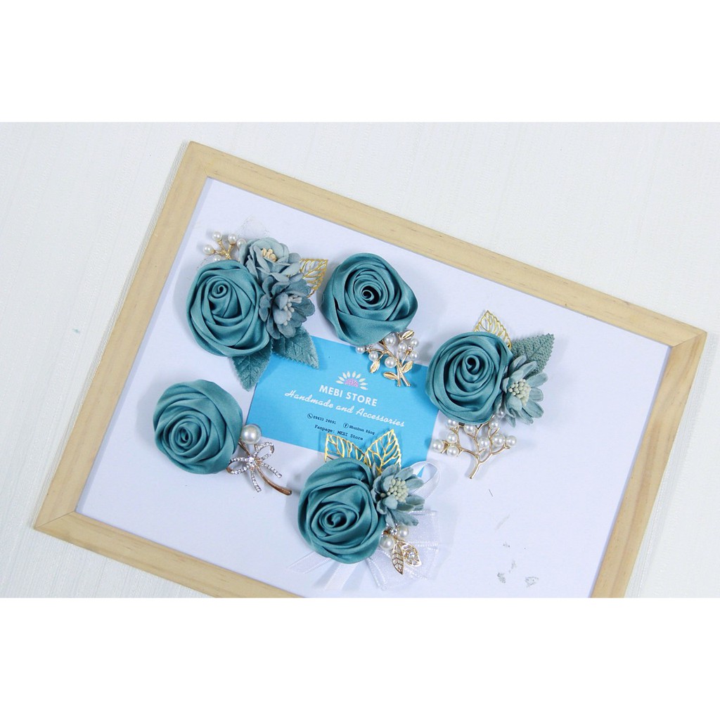 (Ảnh thật 100% NOBOX) Hoa cài áo MEBI handmade mẫu hồng cuộn tone xanh mint siêu xinh