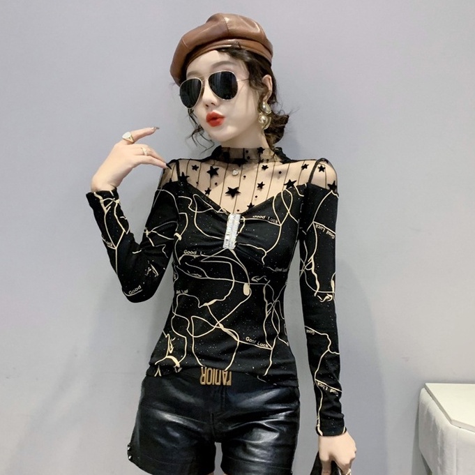 Áo kiểu trễ vai áo lưới dài tay In Họa Tiết Da Báo Phối Ren Phong Cách Mới