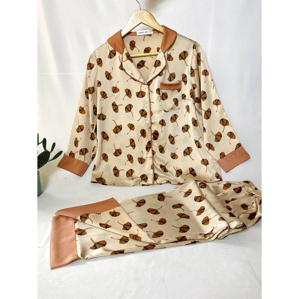 Bộ Đồ Ngủ Lụa Satin JAPAN SILK Họa Tiết Lá Hoa BD033