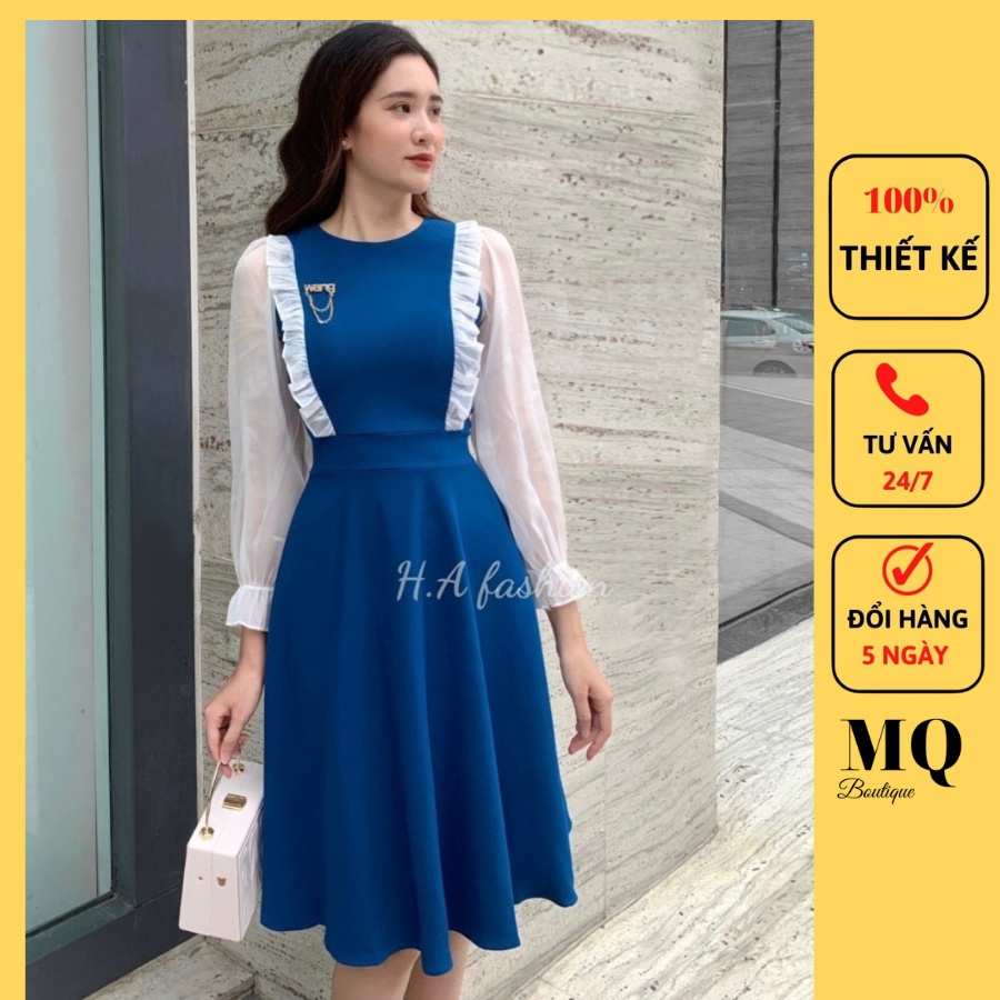 Váy công sở dự tiệc nữ liền thân dáng xòe phối tơ bèo ống tay Đầm cổ tròn thiết kế MQ Boutique cao cấp