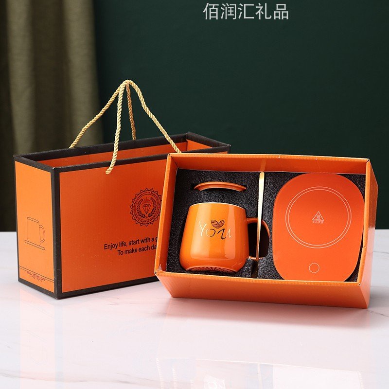 Bộ cốc hâm nóng đồ uống kèm đế điện bằng sứ tằng kèm thìa mạ vàng-Tổng kho gia dụng