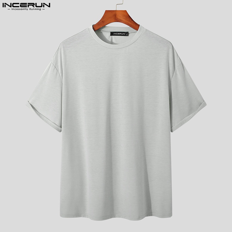 Áo thun cotton INCERUN ngắn tay màu trơn cổ thuyền đơn giản cho nam