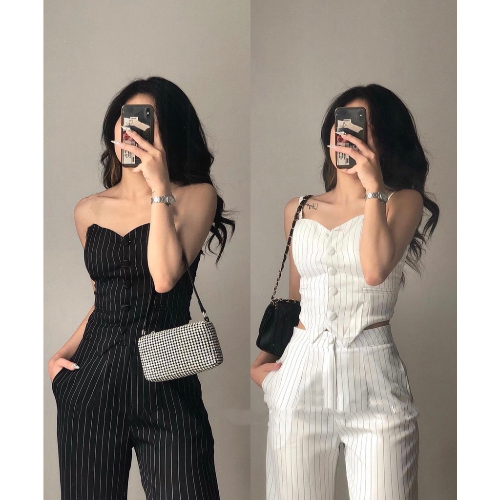 Set áo kẻ quây mix quần ống rộng tông suyệt tông phong cách "tổng tài bá đạo" cho cô nàng thời thượng bộ thiết kế nữ