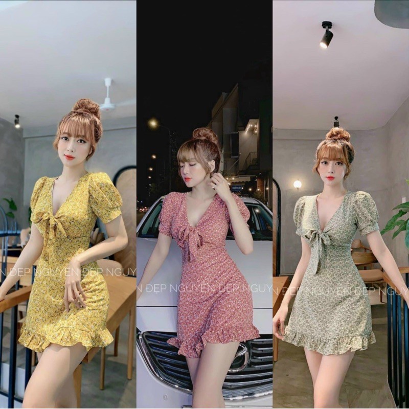 💯 Đầm nữ 👗đầm tiểu thư 👗đầm dáng xòe dáng chữ A tay phồng cổ chữ V phối nơ ngực họa tiết hoa nhí dễ thương năng động | WebRaoVat - webraovat.net.vn