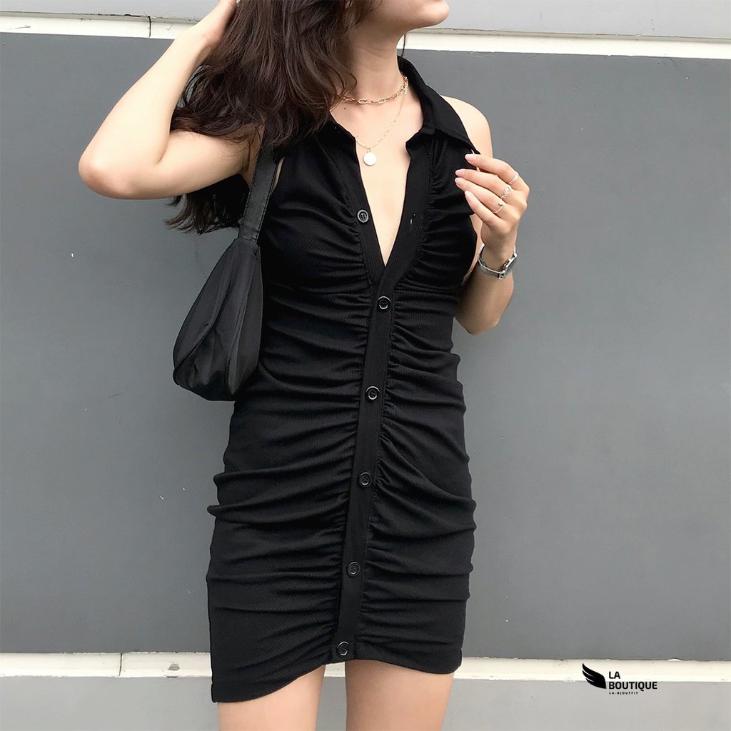 Đầm Polo Nữ La Boutique Sát Nách Ôm Body Vải Thun Gân 4 Chiều Màu Đen Nhún Nẹp Hàng Nút Phá Cách Phù Hợp Đi Chơi Dạo Phố