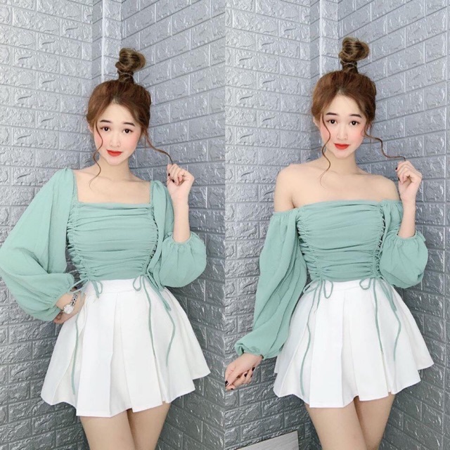 ÁO KIỂU CHẤT VOAN RÚT DÂY HAI BÊN TAY DÀI- CROPTOP