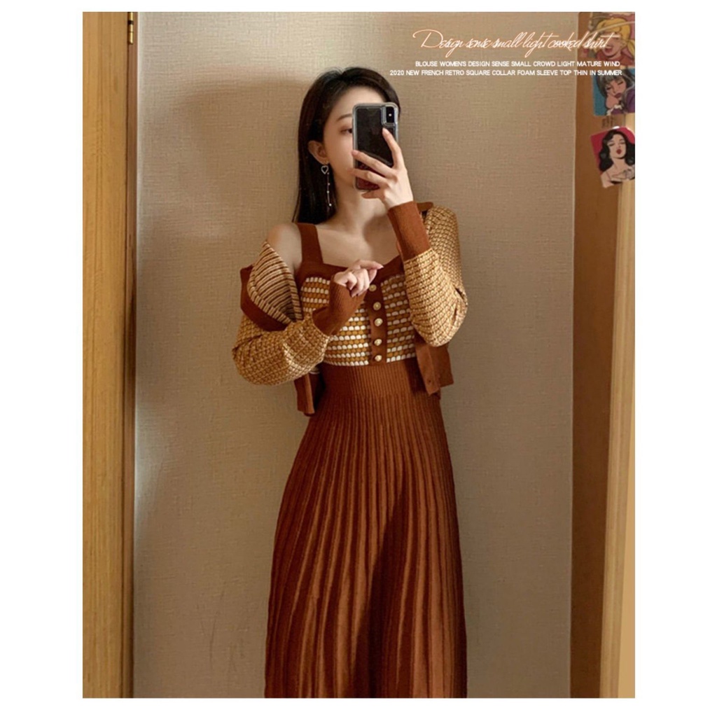 Set áo len tay dài và chân váy thời trang thu đông phong cách mới cho nữ | BigBuy360 - bigbuy360.vn