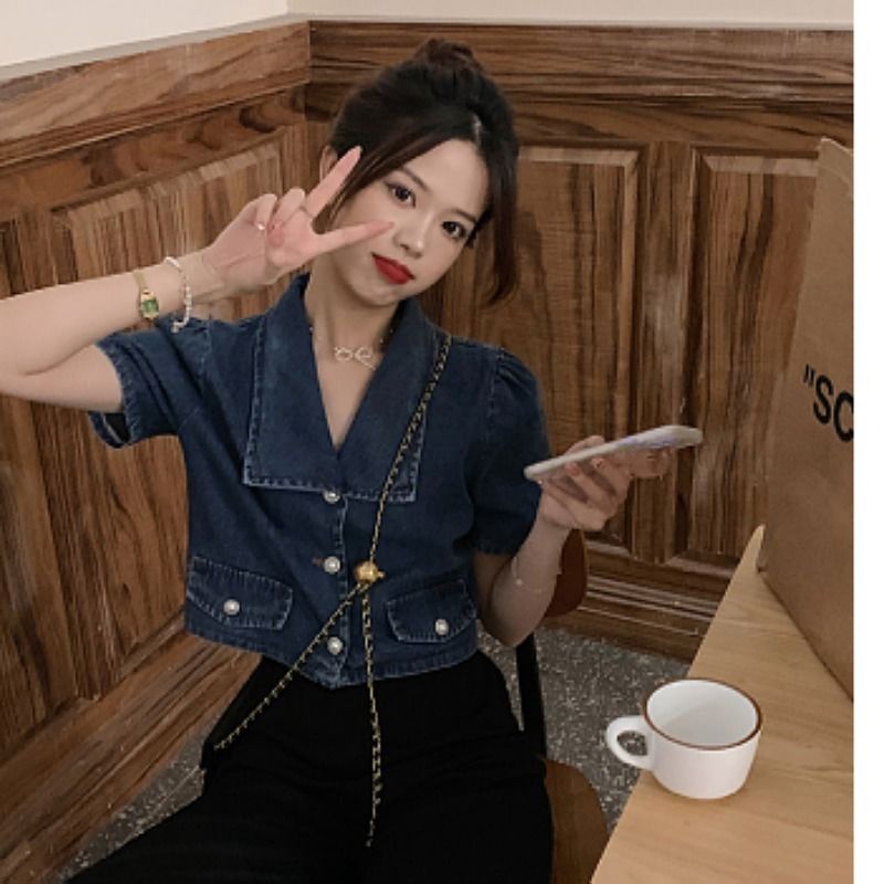 IMAODOUÁo denim tay ngắn kiểu retro Hàn Quốc thiết kế đơn giản dễ phối đồ cho nữ