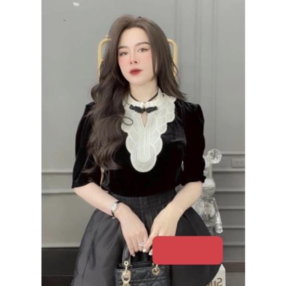 ÁO NHUNG CỔ ĐÍNH NGỌC PHỐI BÈO CHO NỮ