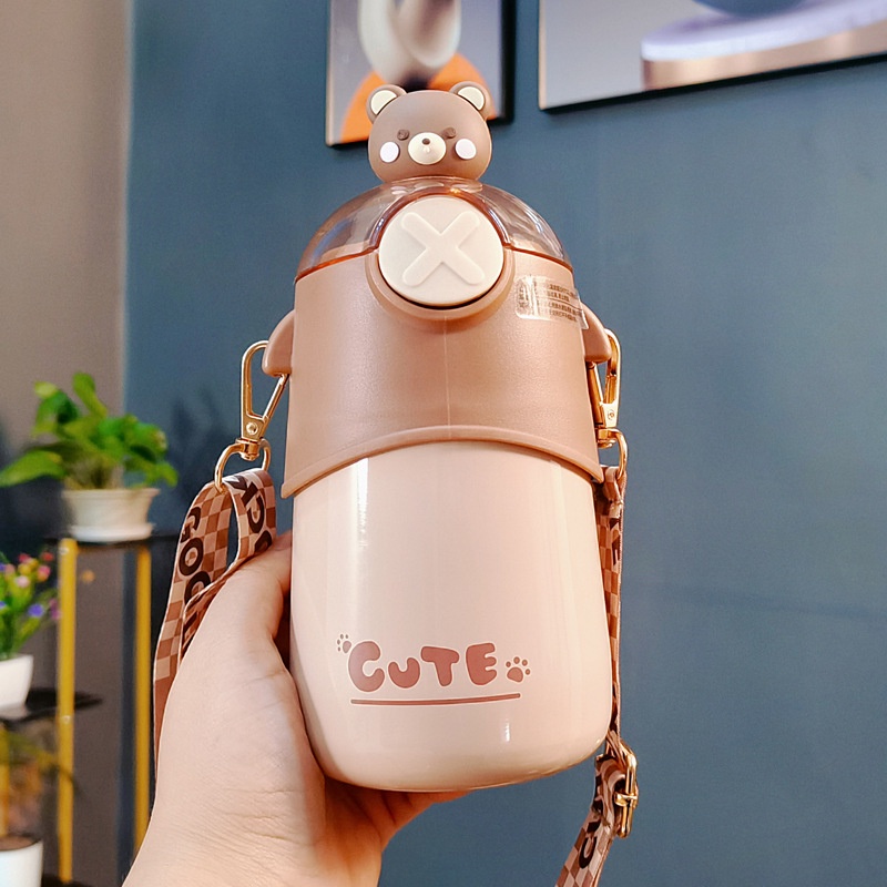 Bình nước giữ nhiệt bằng thép không gỉ 316 kèm ống hút họa tiết hoạt hình dễ thương cho bé 480ml