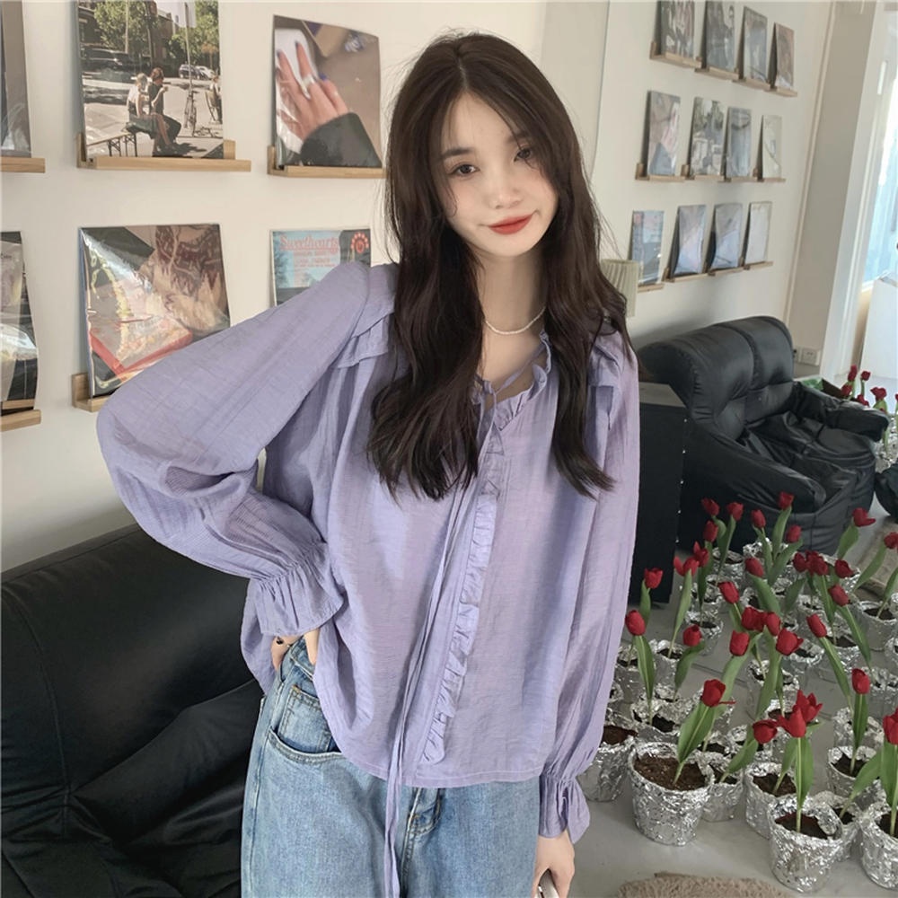 Áo Kiểu Tay Dài Cổ Chữ V Phối Ren Xếp Ly Thời Trang 50147