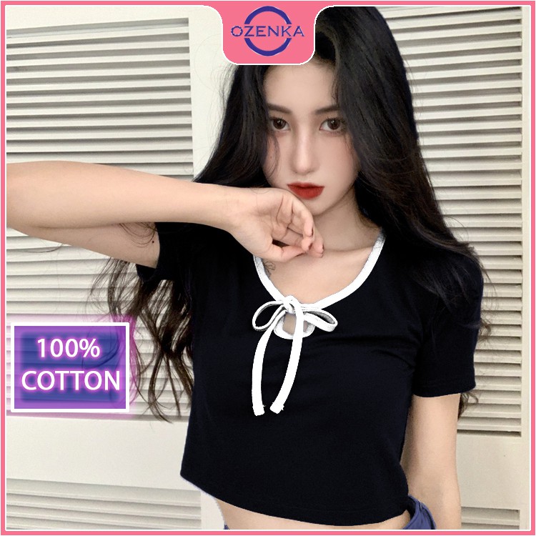 Áo croptop nữ ôm body tay ngắn ozenka , áo crt cổ chữ v phối nơ thun gân 100% cotton đẹp mịn mát free size dưới 50 kg