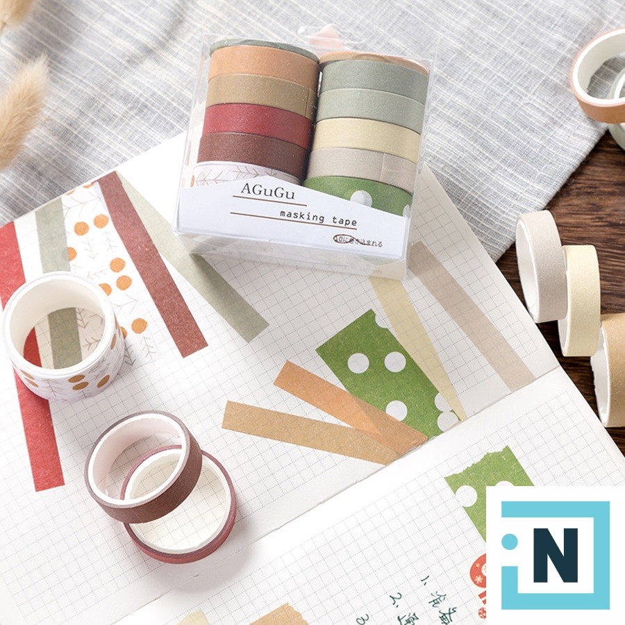 [Giá Sỉ Từ 3 Set] Set 10 Cuộn Washi Tape K640 Trơn Phối Hoa Văn Trang Trí Sổ Tay Đáng Yêu