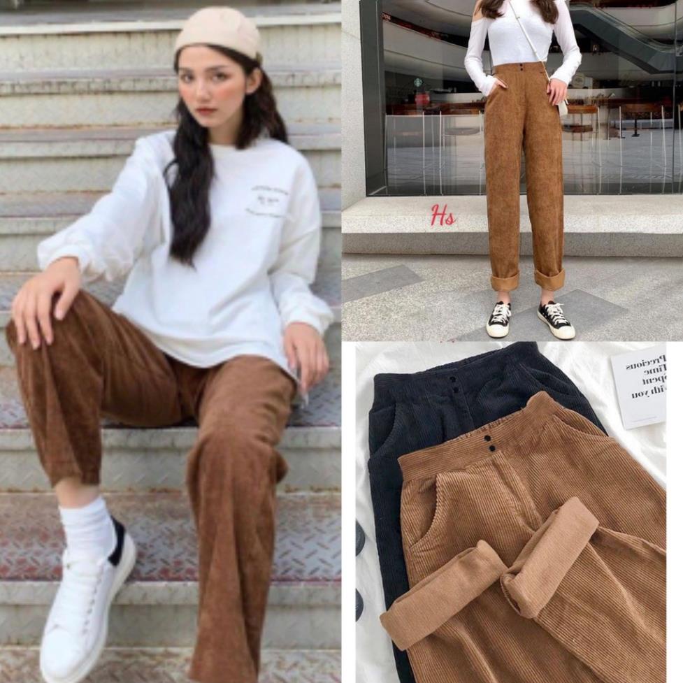 Quần Baggy Nữ ANOKO, Quần Baggy lưng thun sau cạp cao công sở đẹp thời trang vải nhung tăm 2 màu đen nâu freesize A019 | BigBuy360 - bigbuy360.vn