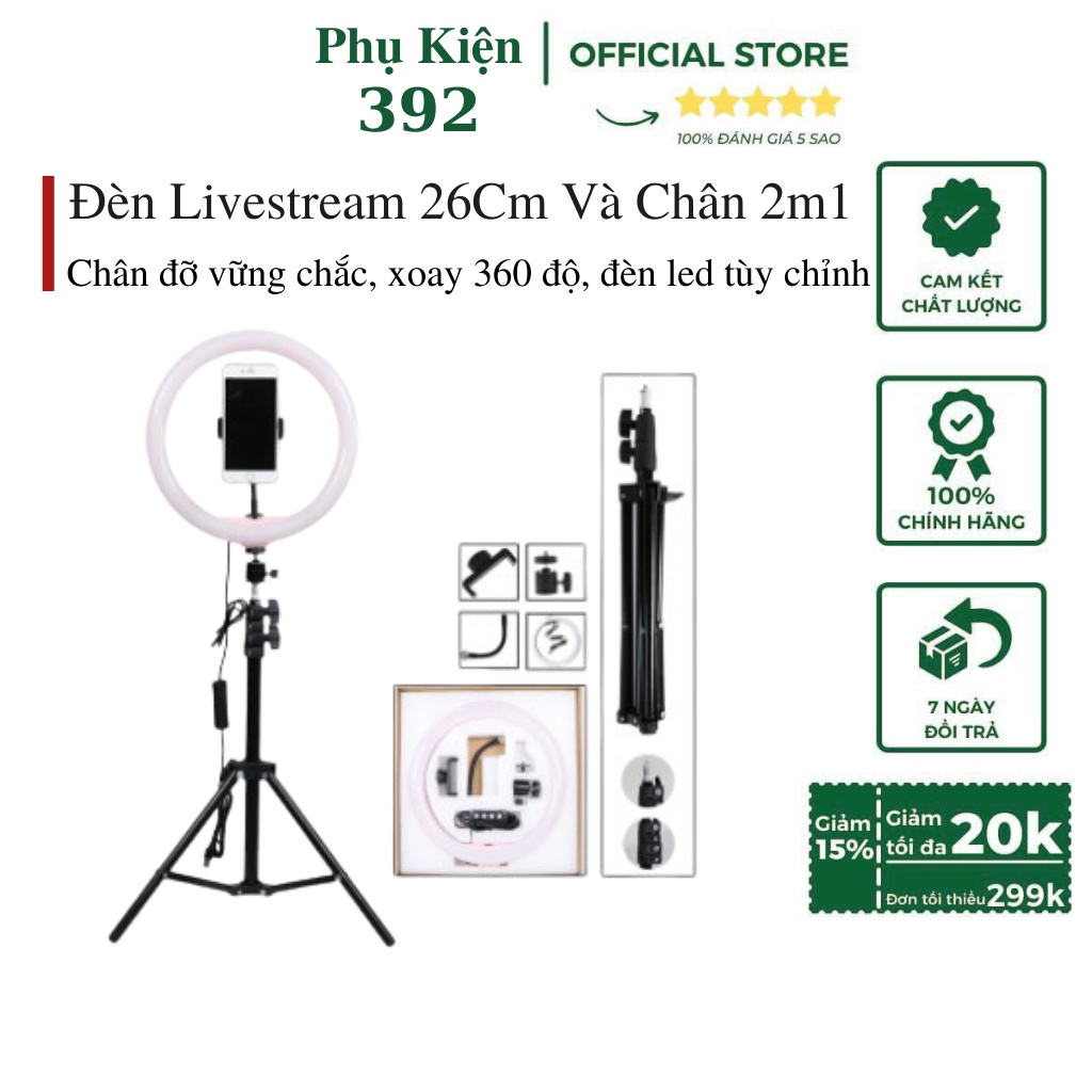 ĐÈN LIVESTREAM 26CM VÀ CHẤN 2M1 HỖ TRỢ CHỤP ẢNH, MAKE UP , QUAY TIKTOK. VỚI NHIỀU CHẾ ĐỘ ĐIỀU CHỈNH ÁNH SÁNG