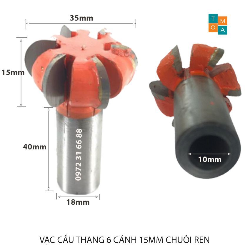 MŨI SOI GỖ - MŨI PHAY GỖ VẠC CẦU THANG 6 CÁNH 15MM CHUÔI REN, HÀNG VIỆT NAM CHẤT LƯỢNG CAO