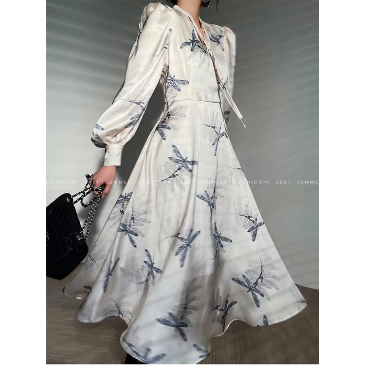 Đầm Lụa satin Cao Cấp Tay Phồng Dài In Họa Tiết Phong Cách Pháp Thời Trang Mùa Thu Cho Nữ