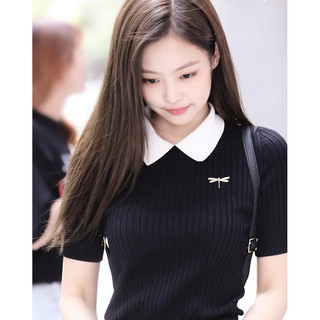jennie blackpink Phụ nữ cổ đan thêu ngắn tay áo đầu