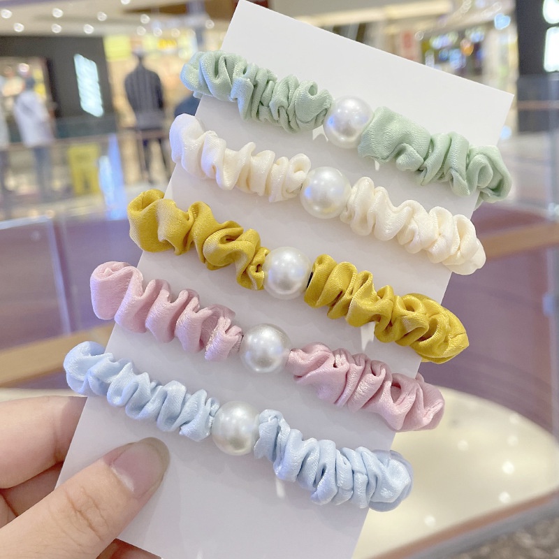 Dây cột tóc scrunchies vải phi bóng đính châu trắng nhiều màu pastel S28