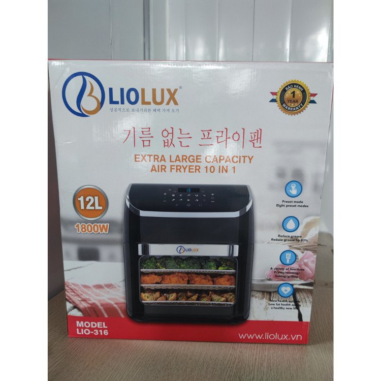 Nồi chiên không dầu điện tử Liolux LIO-316 Dung tích 12 lít, Công suất 1800W, Thay lò vi sóng nướng, Bảo hành 12 tháng