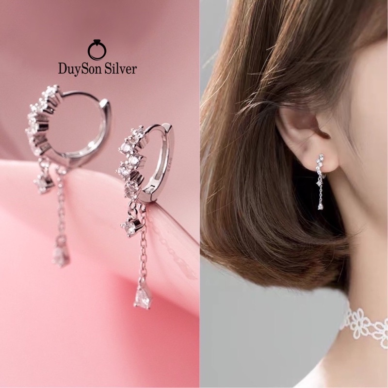 Bông tai tròn dáng rơi bạc nữ Khuyên tai bạc 925 đính đá Duyson Silver