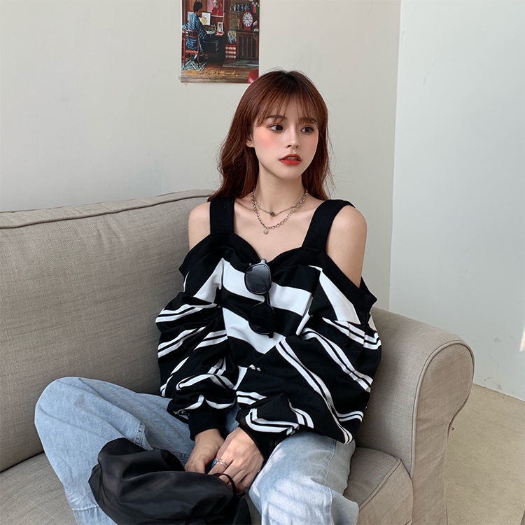 Áo Len Dài Tay Trễ Vai Dáng Rộng Họa Tiết Kẻ Sọc Thời Trang Mùa Thu Hàn Quốc 2020 Xs-4Xl | BigBuy360 - bigbuy360.vn